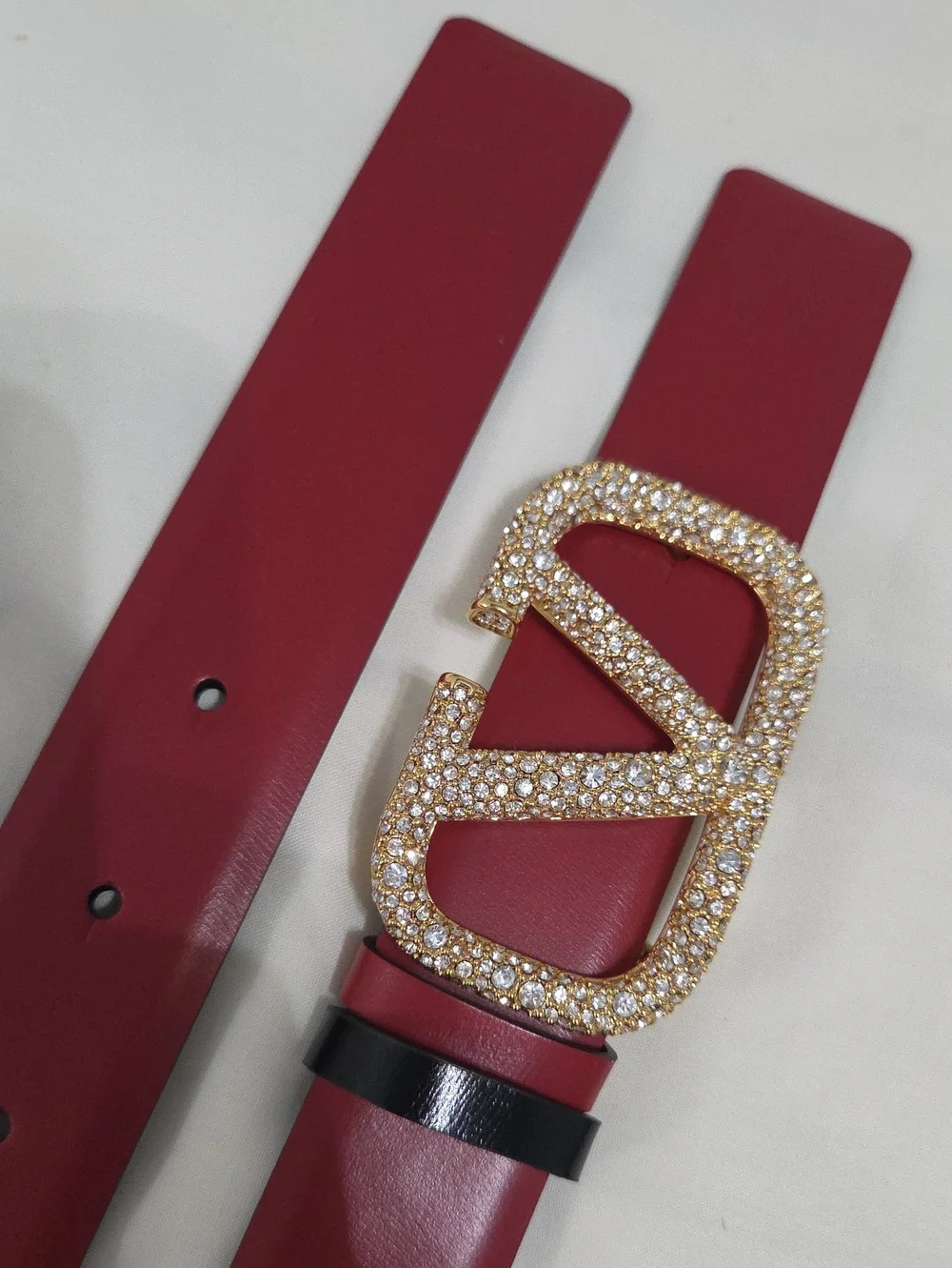 Valentino Garavani Red Black Belt with Gold Crystal Buckle